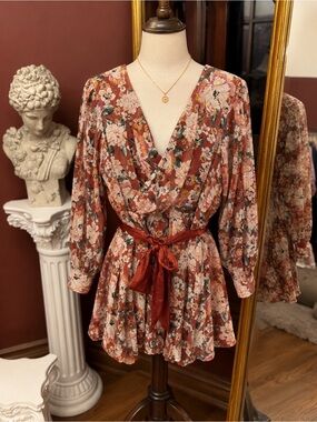LC Lauren Conrad Rust Floral Long Sleeve Wrap Dress